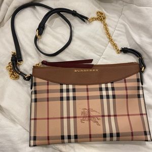 Burberry Chain Peyton Check Gold Hardware Beige / Brown Leather Shoulder Bag